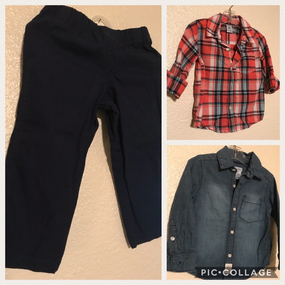 Blue pants and two long sleeve button up shirts.